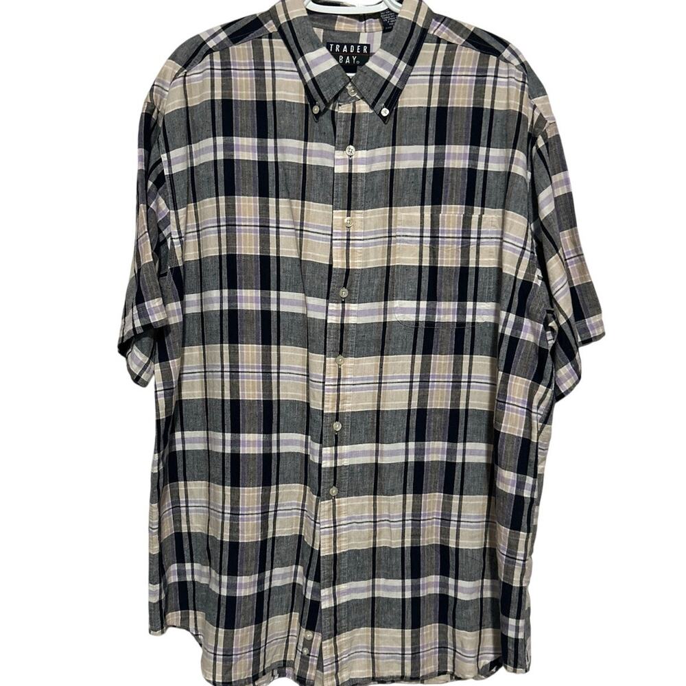 Trader Bay Men's Gray Lavender Short Sleeve Striped Button Front Shirt Size XL